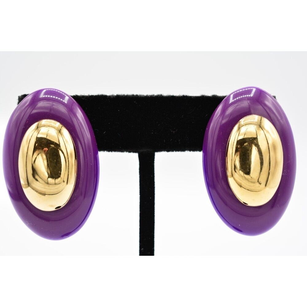 Liz Claiborne Vintage Clip On Earrings Purple Gold Oval Chunky Signed 1980s 9F